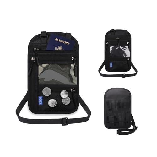 RFID Blocking Passport Holder Neck Pouch, Black, with Adjustable Shoulder Strap, Clear ID Window, Multi-Pocket Travel Wallet for Women Men