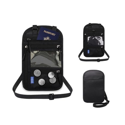 RFID Blocking Passport Holder Neck Pouch, Black, with Adjustable Shoulder Strap, Clear ID Window, Multi-Pocket Travel Wallet for Women Men