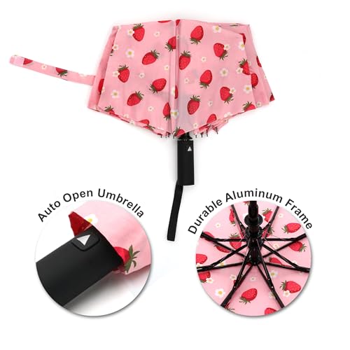 Nollia Compact Travel Umbrella with Auto Open – Windproof Folding Umbrella, Lightweight & Portable for Rain - color: A. Strawberry