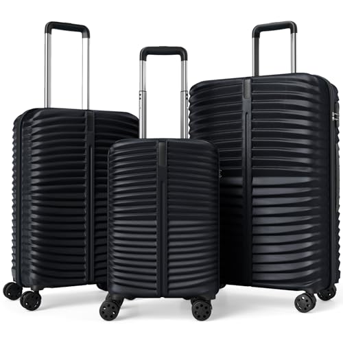 GYMAX Luggage Sets 3 Pieces Hardside Suitcase with Spinner Wheels & Lock, 20” Carry On, 24” & 28” Checked Luggage Set, Lightweight Portable for Travel, Business (Black,Pin Stripe) - color: Black, style: Pin Stripe
