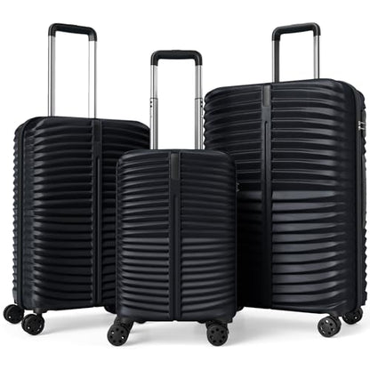 GYMAX Luggage Sets 3 Pieces Hardside Suitcase with Spinner Wheels & Lock, 20” Carry On, 24” & 28” Checked Luggage Set, Lightweight Portable for Travel, Business (Black,Pin Stripe) - color: Black, style: Pin Stripe