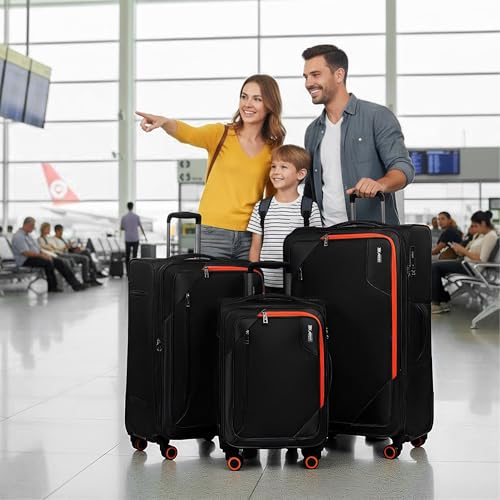 3-Piece Softside Expandable Luggage Set w/Front Open Pocket - color: Black, size: 3-Piece Set (22"/28"/32'')