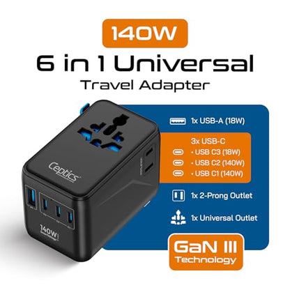 Ceptics Universal Travel Adapter, GAN 140W, 4 USB Ports & 2 Input sockets - color: Black/Blue