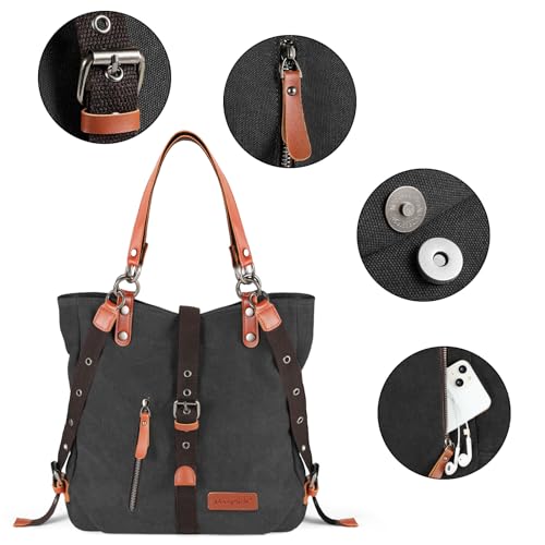SHANGRI-LA Canvas Tote Handbag Casual Purse Shoulder Bag for Women Convertible Backpack - color: Black-1