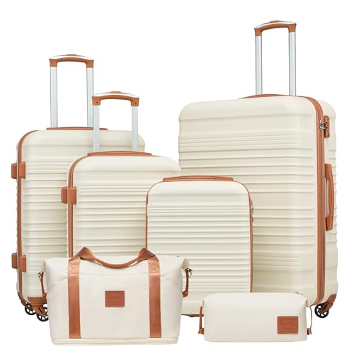 Coolife Luggage Set 3 Piece Luggage Set Carry On Suitcase Hardside Luggage with TSA Lock Spinner Wheels(White, 6 piece set) - color: White, size: 6 piece set