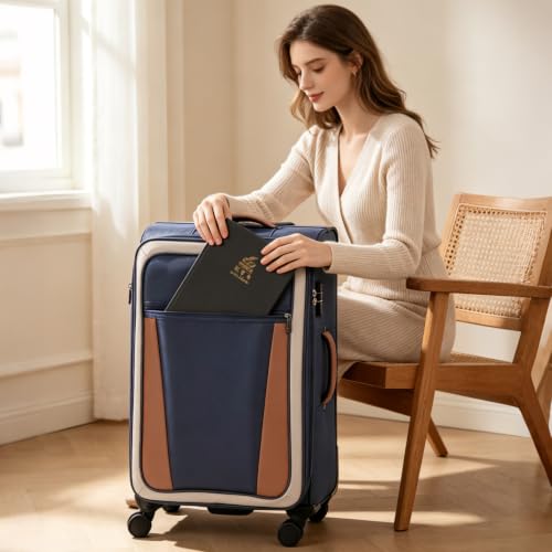 mixi 24 Inch Softside Expandable Checked Luggage, Deep Blue-Off White - color: Deep Blue-Off White, size: 24-Inch Checked in