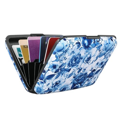 ELFISH RFID Aluminum Wallet Credit Card Protector Case Holder for Men Women - color: Blue and White Peony