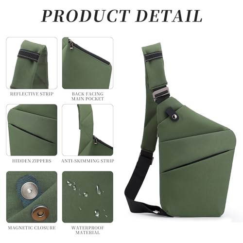 Anti Theft Crossbody Travel Bag - Multi-pocket Shoulder Bag with Adjustable Strap,Slim Sling Bag for Women Men - color: Army Green-left Shoulder