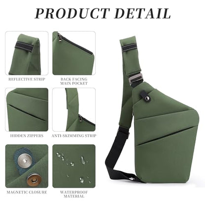 Anti Theft Crossbody Travel Bag - Multi-pocket Shoulder Bag with Adjustable Strap,Slim Sling Bag for Women Men - color: Army Green-left Shoulder