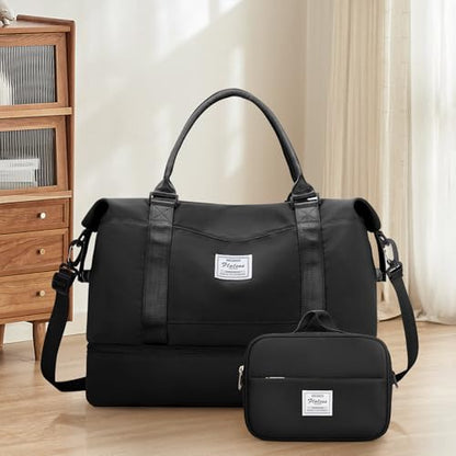 Weekender Bags for Women, Personal Item Travel Bag with Shoes Compartment - color: Black, size: Large