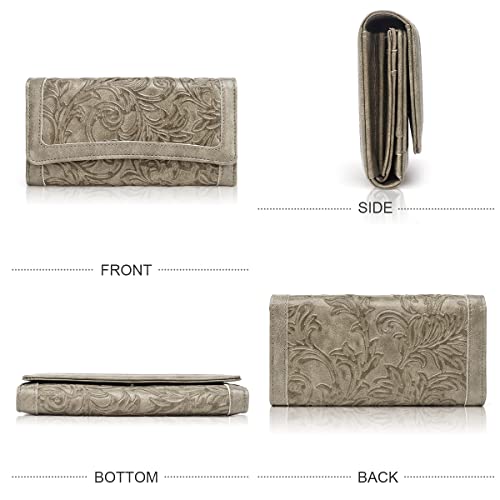 MEITRUE Women's Wallet Leather RFID Blocking Trifold Ladies Purse Embossed long Clutch Card Holder Phone Checkbook Organizer - color: 2214Gray