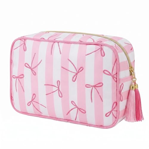 Preppy Striped Makeup Bag for Women, Structured Travel Cosmetic Pouch with Protective Sponge Padding, Large Canvas Toiletry Organizer with Tassel Zipper for Daily Purse(Pink bow) - color: Pink bow