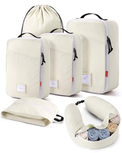 BAGSMART 6 Set Packing Cubes for Travel with Fillable Neck Pillow, Shoe Bag - color: Beige