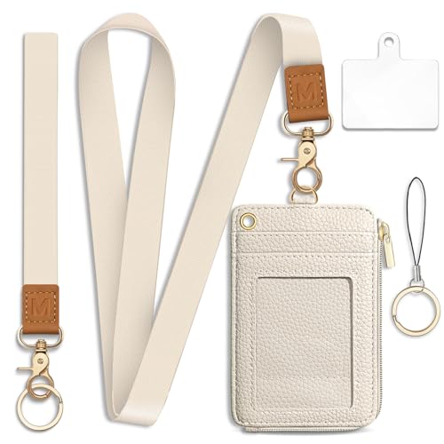 Beige Lanyard Wallet with Id Badge Holder Keychain for Card Women - color: Solid-beige