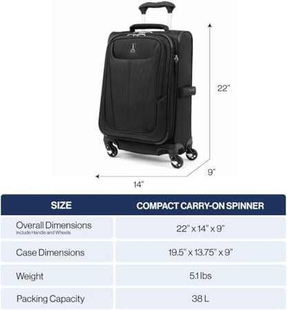 Travelpro Maxlite 5 Softside Carry-On Luggage Spinner, Black, 20-Inch - color: Black, size: Compact Carry-on 20-Inch