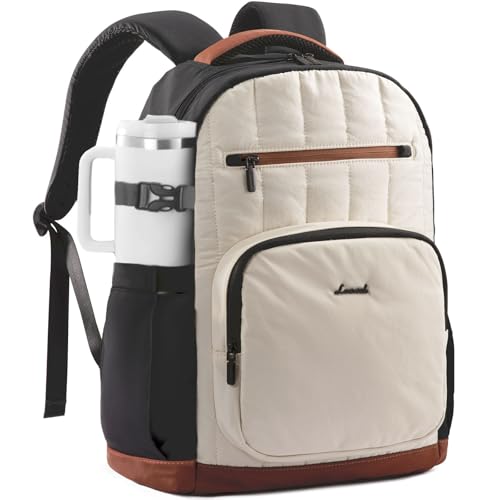 LOVEVOOK Laptop Backpack for Women with Giant Tumbler Holder Pocket,15.6 Inch Puffer Travel College Work Backpack Purse for Teacher Nurse,Casual Laptop Bag Computer Back Pack Daypack,White-Black-Brown - color: Off-white - Black - Brown
