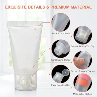 12 Pack 30ml/1oz Travel Bottles, Clear Flip Cap Squeeze Tubes, Refillable Empty Toiletry Containers with Label Stickers & Filling Tool for Shampoo, Body Wash, Facial Cleanser - size: 30ML/1oz