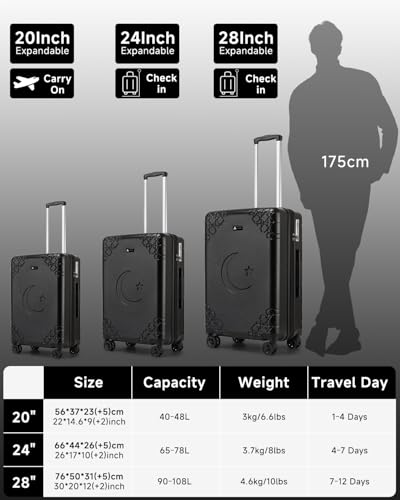 Somago 3 Piece Luggage Set with Cup Holder, Expandable 25% Capacity Suitcase with Shock-Absorbing Braking Spinner Wheels Moon Star Design Hardside Suitcase with TSA Lock (Black,Expandable Sets) - color: Black, size: Expandable 3-Piece Set(20/24/28)