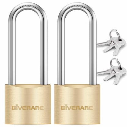 2 Pack Keyed Locks with Keys, Extra Long 2-11/16" Shackle Solid Brass Copper Padlock, Small Travel Waterproof Lock with 38MM Wide Body for Warehouse, Tool Box, Hasp, Gym, Locker, Sheds-Golden - size: 2 Pack 38mm Long