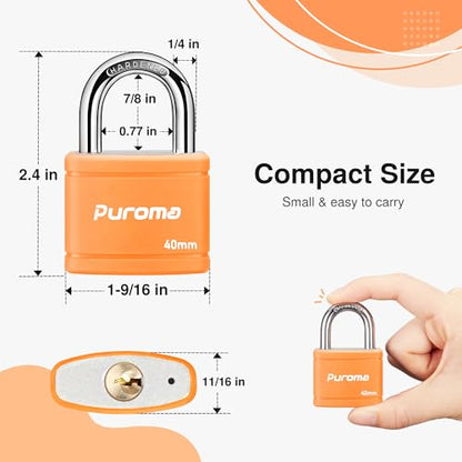 Puroma 2 Keyed Padlock with 3 Keys 7/8" School Locker Lock Gate 40mm Orange - color: Orange