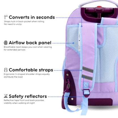J World Sundance Laptop Rolling Backpack for Girls Boys. Roller Bookbag with Wheels, 20 Inch, Purple - color: Purple