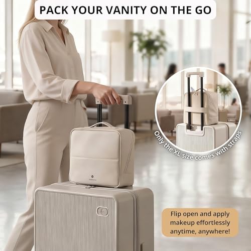 tianzong Travel Makeup Bag with Magnetic Fold-Down Flap, Waterproof Leather Cosmetic and Toiletry Organizer for Women, Multi-Zone Standing Storage, Cream, Large - color: L-Cream