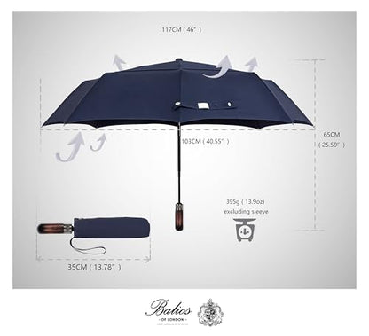 Balios Prestige 여행용 우산, 천연 나무 손잡이, 자동 개폐, 통풍식 방풍 더블 캐노피, 영국에서 디자인됨. - color: 다크 네이비.
