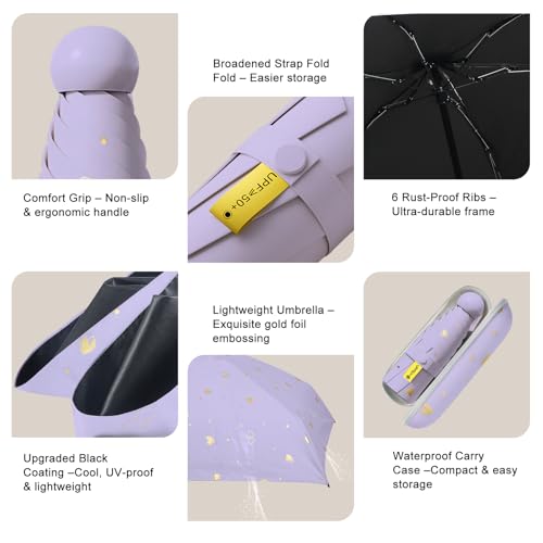 Mini Travel Umbrella, UPF 50+ Purse Umbrella with Case and Carabiner - color: Purple