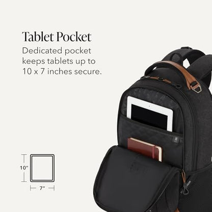 SwissGear Cecil Laptop Backpack, Fits Most 16-Inch Laptops, Three-Compartment Design, Airflow Back Panel, Black, 27.3L, 18-Inch - color: Black Canvas/Brown