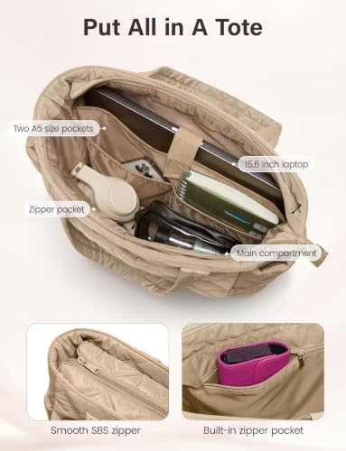 Uselike Tote Bag for Women, Lightweight Puffer Tote Work Bags with Compartments for Travel, Quilted Shoulder Bag with Zipper - color: Light Khaki