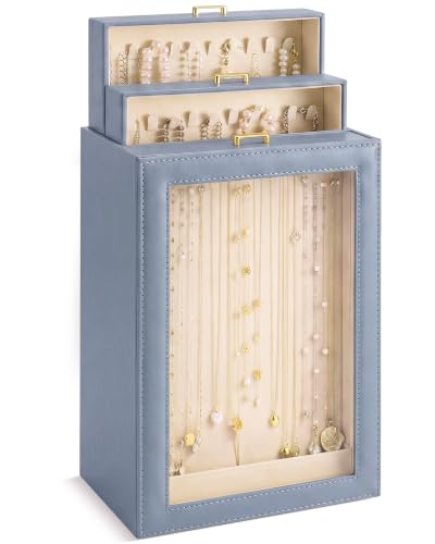 Huquary 3 Layer Vertical Necklace Organizer Box, Foggy Blue - color: Foggy Blue