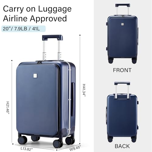 Hanke 20 Inch Carry On Luggage with Front Pocket Aluminum Frame, Hard Shell Suitcases with Wheels, Rolling Luggage, Suitcase with Lock, Travel Luggage for Weekender, Dark Blue - color: Dark Blue, size: 20 Inch-1
