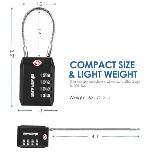 2 Pack TSA Approved Travel Luggage Locks, 4-Digit Cable Combination Suitcase Lock, Metal Alloy Padlocks, Weatherproof Padlock for Locker, Bag, Gun Case, Backpack, Anti Theft, Easy Read Dials-Black