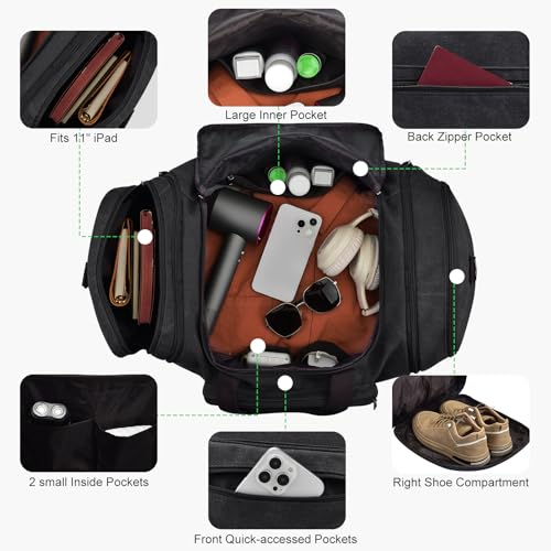 Felipe Varela 60L Canvas Duffle Bag for Men, Travel & Gym Carry on, Black - color: Black, size: 60L