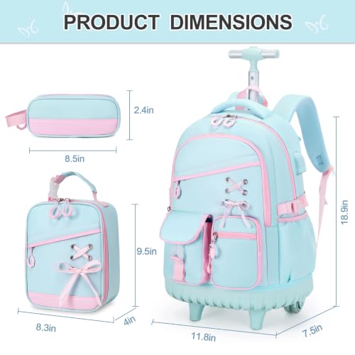 DIGOBAY Rolling Backpack for Girls with Lunch Bag & Pencil Case - color: Quamarine-pink