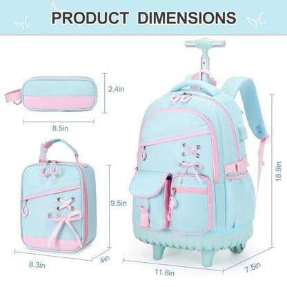 DIGOBAY Rolling Backpack for Girls with Lunch Bag & Pencil Case - color: Quamarine-pink