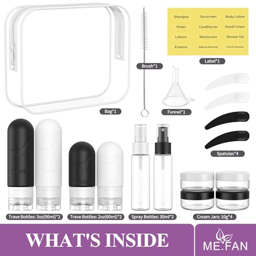 ME.FAN 18 Pack Travel Bottles for Toiletries, TSA Approved, Black/White - color: Black/White