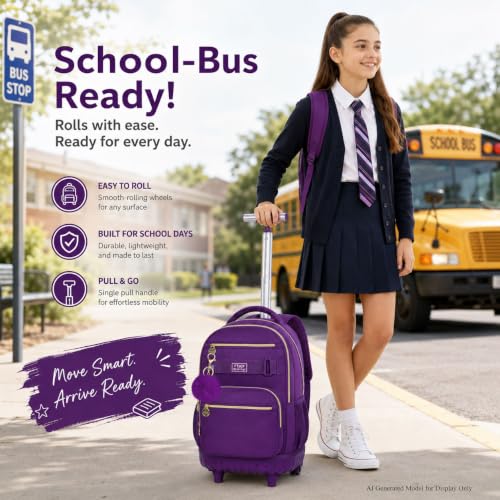 3Pcs Rolling Backpack for Girls Women, 19 Inche Adults Roller Backpacks with Wheels, School Wheeled Bookbag with Lunch Box(Deep Purple) - color: Deep Purple