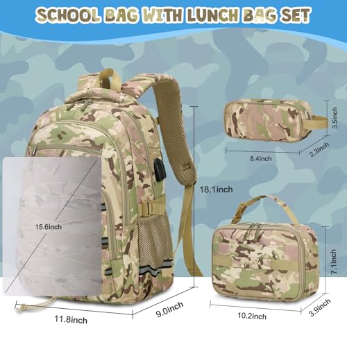 ACESAK 3PCS Camo Backpack for Boys with Lunch Box Pencil Case - color: Khaki Camo
