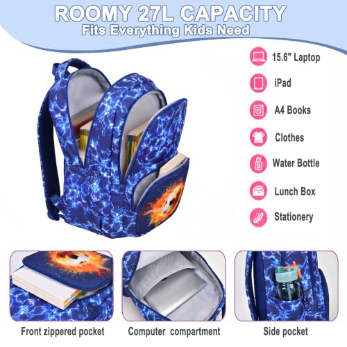 Boys Backpack Set 3PCS Ages 6-12, Kids School Backpack - color: Flame Soccer Blue