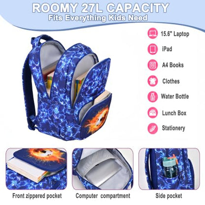 Boys Backpack Set 3PCS Ages 6-12, Kids School Backpack - color: Flame Soccer Blue