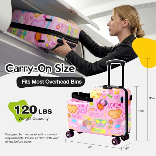 20" Kids Ride On Suitcase, Lightweight Hardshell Travel Luggage with Wheels - color: Candy Garden Pink