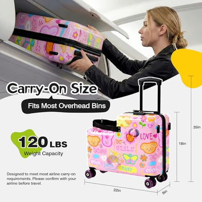 20" Kids Ride On Suitcase, Lightweight Hardshell Travel Luggage with Wheels - color: Candy Garden Pink
