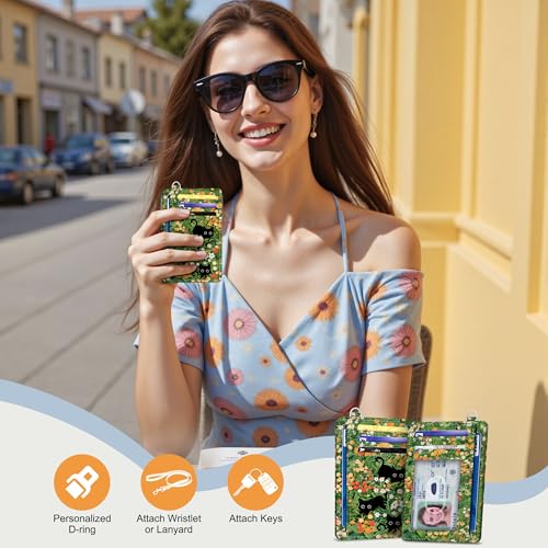 SEAVILIA Small Credit Card Holder for Women, Slim RFID Blocking Wallet - color: Black Cat Floral