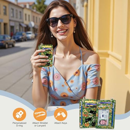 SEAVILIA Small Credit Card Holder for Women, Slim RFID Blocking Wallet - color: Black Cat Floral