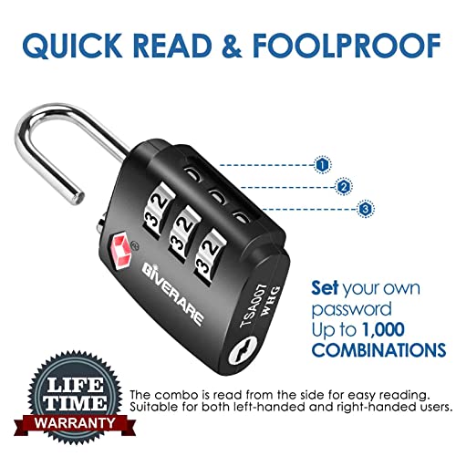 4 Pack TSA Approved Travel Luggage Locks, Combination Lock Alloy Body, Metal Keyless 3-Digit Padlocks, TSA Accepted Compatible Padlock for Gym Locker, Golf Bag Case, Backpack, Black-by GIVERARE - color: 4 Pack Black