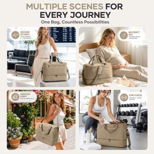 Travel Duffel Bag, Carry-On Overnight Weekender Bags for Women Travel - color: Khaki