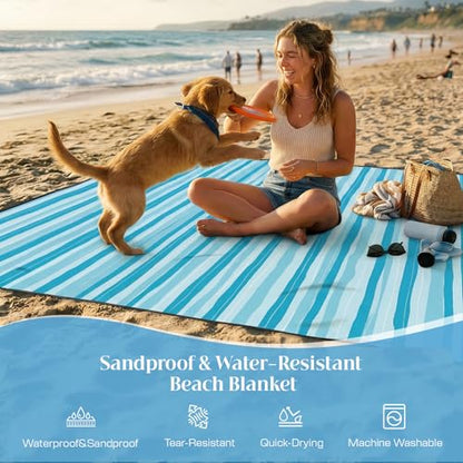 OIGAE Beach Blanket Waterproof Sandproof Oversized Beach Mat - color: Blue Wave Stripes, size: 7x8 Ft (2～5 person)