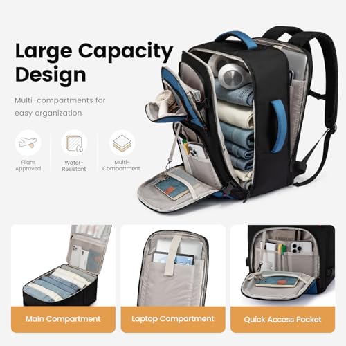 LOVEVOOK 40L Travel Backpack for Men - Airline Approved Carry On Backpack - color: Black & Blue, size: 40L-17inch