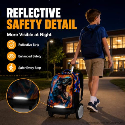 20 Inches Large Wheels Rolling Backpack for Boys with Detachable, 3Pcs Kids Fire Dinosaur Wheeled Backpack Set for Elementary School (Red) - color: Fire Dinosaur (Large Wheels)